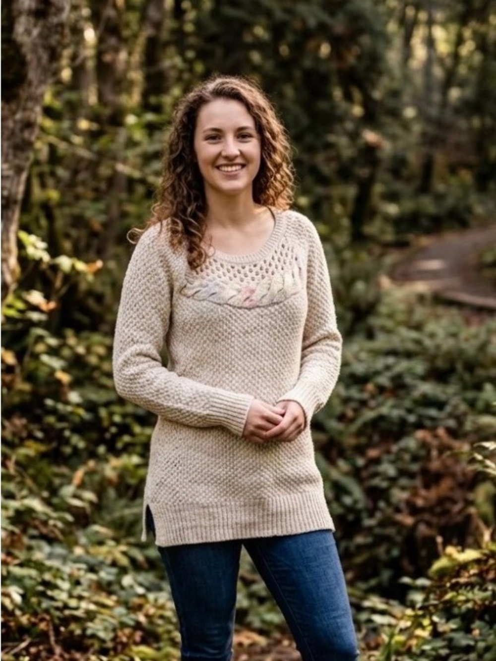 ♥️❄️American Eagle Outfitters Cream Cable-Yoke Knit Sweater - Women Large